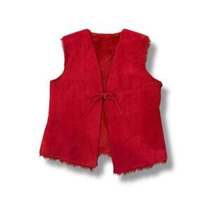 Vintage Red Suede Faux Fur Reversible Tie Vest